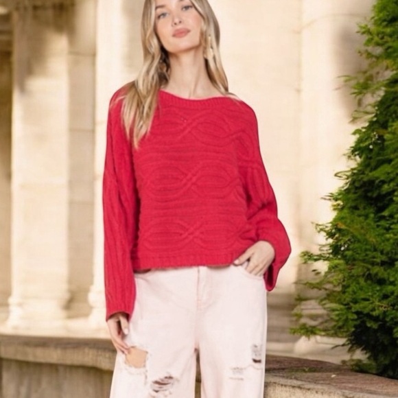 New! POL Red Magenta Slouchy Relaxed Knit Sweater - Picture 3 of 6
